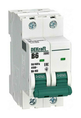 Автоматический выключатель DEKraft ВА-103 2P 6А (B) 6кА, 12221DEK