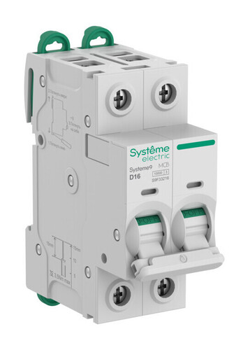 Автоматический выключатель Systeme9, 2полюса, 16А, D, 10 кА
