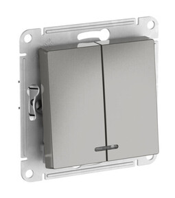 Выключатель 2-клавишный Systeme Electric ATLAS DESIGN, с подсветкой, скрытый монтаж, быстрозажимные клеммы, сталь